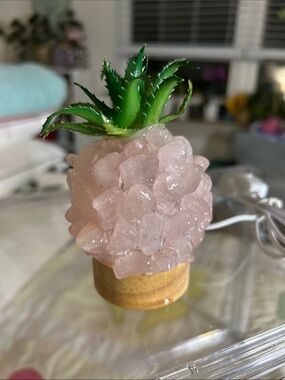 Rose Quartz Crystal Pineapple Night Light with Green Faux Top 4.75” Tall New